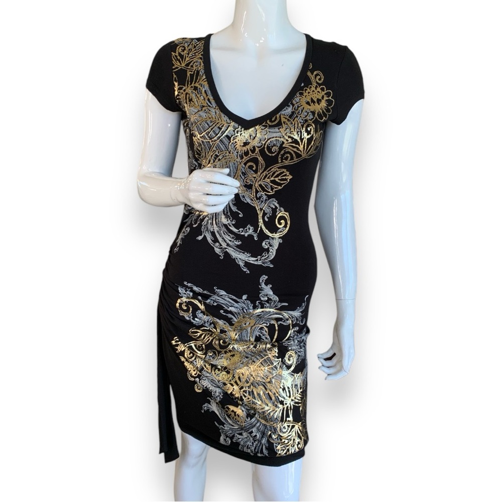 CACHE’ BODYCON DRESS WITH GOLD/SILVER PRINT. WOMEN’S SIZE SMALL.